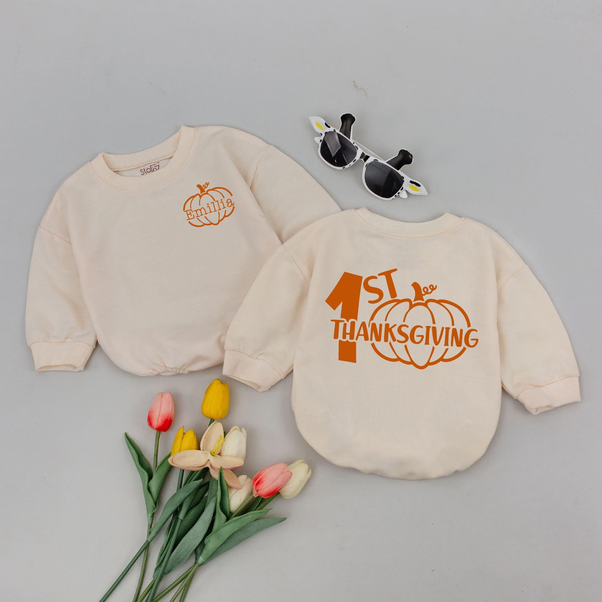 Personalized Baby's 1st Thanksgiving Romper Pumpkin Design Soft Cotton Newborn Outfit Perfect Holiday Gift Warm Earthy Tones