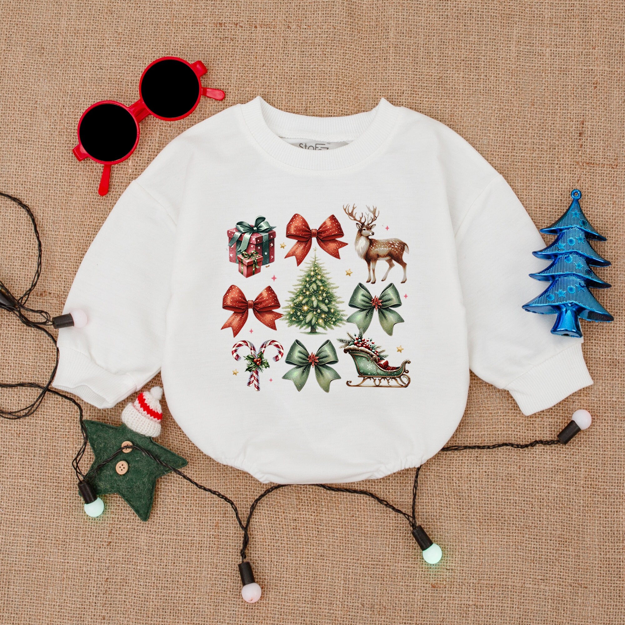 Festive Christmas Bodysuit with Reindeer and Trees Baby Holiday Outfit Soft Cotton Romper Gift Box Design Infant Comfortable Clothes
