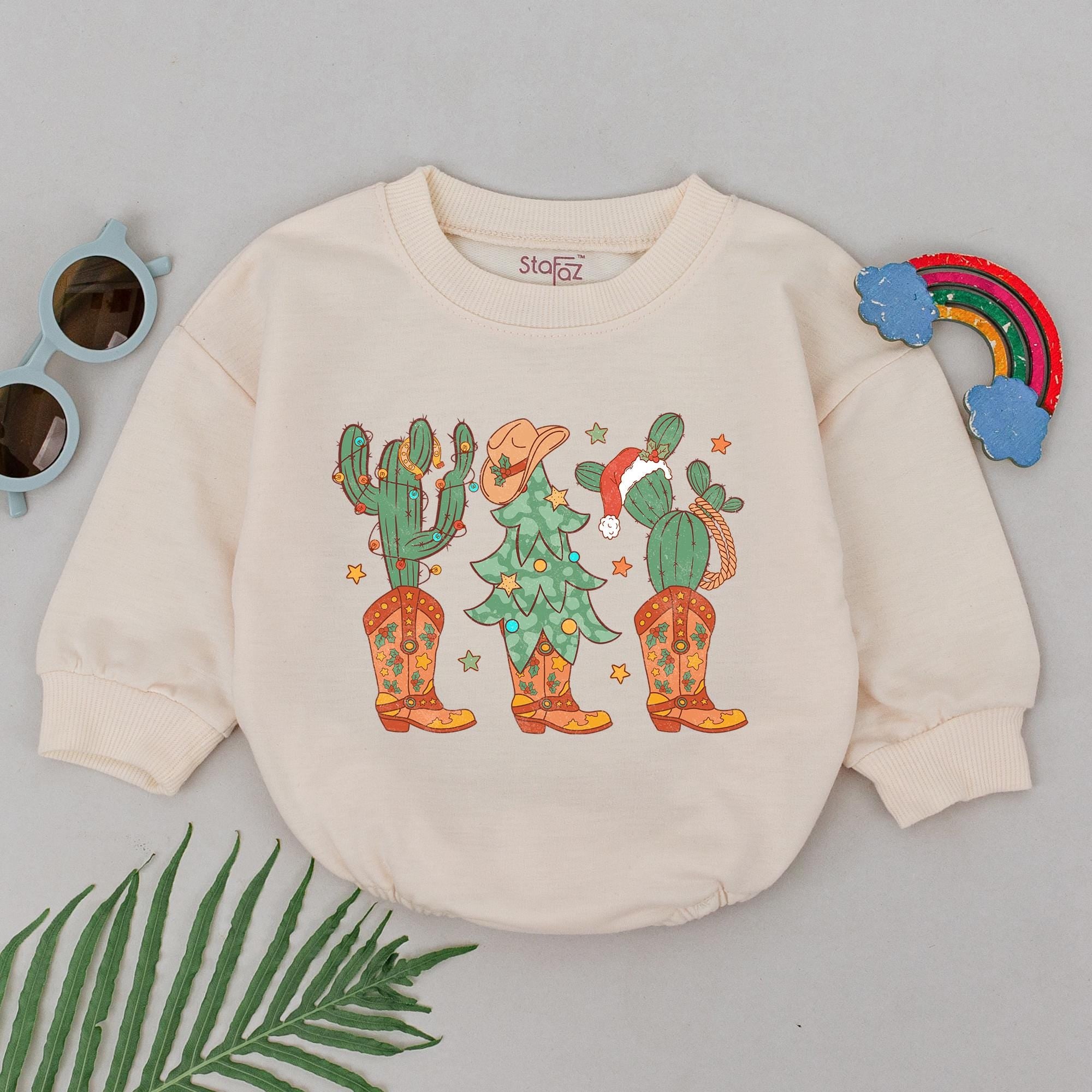 Whimsical Cactus Christmas Romper Soft Cotton Baby Outfit Holiday Western Style for Girls First Xmas Cowboy Cowgirl Newborn Gift