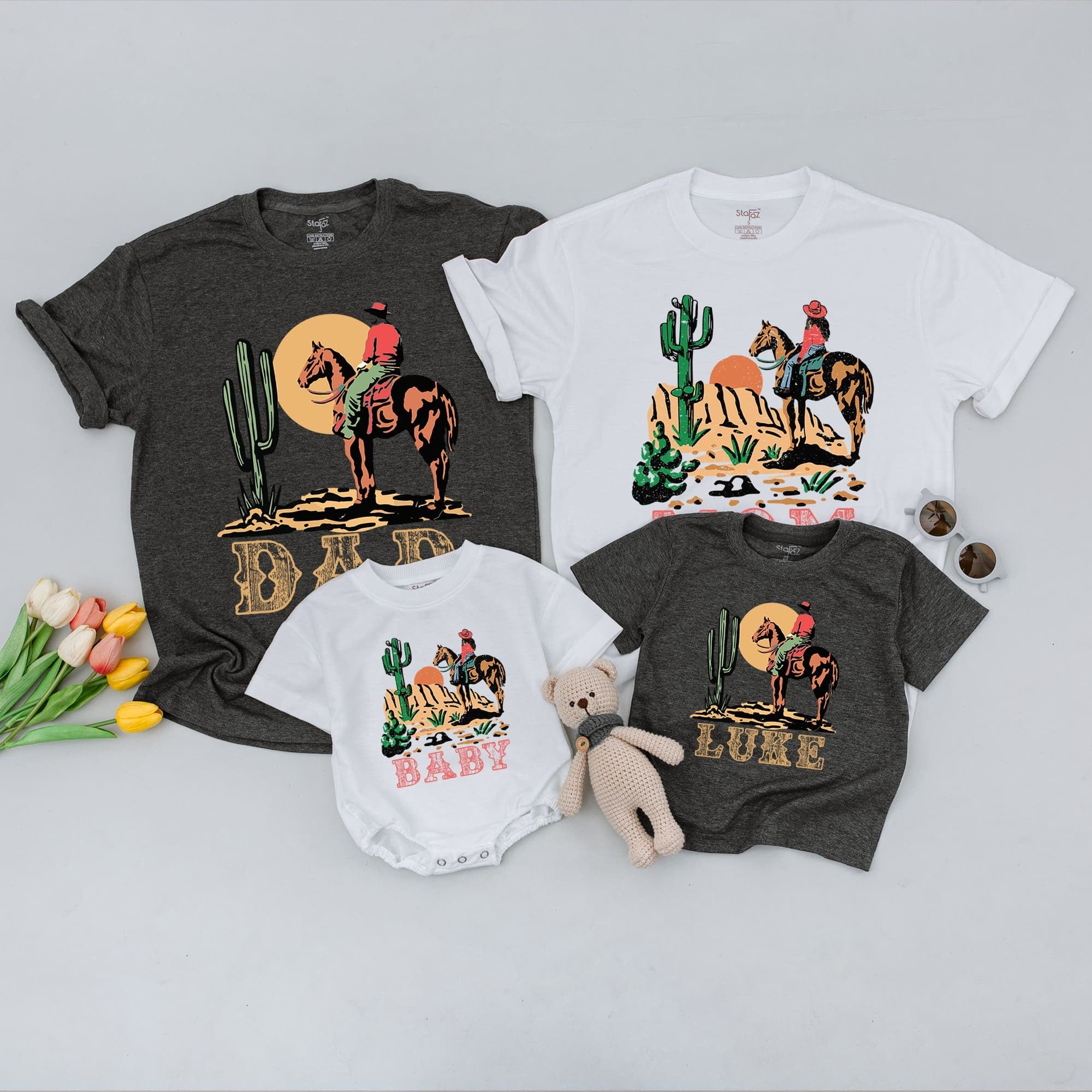 Matching Family Cowboy Western Shirts Personalized Birthday Outfit Vintage Desert Design Custom Names Soft Cotton Rodeo Tee