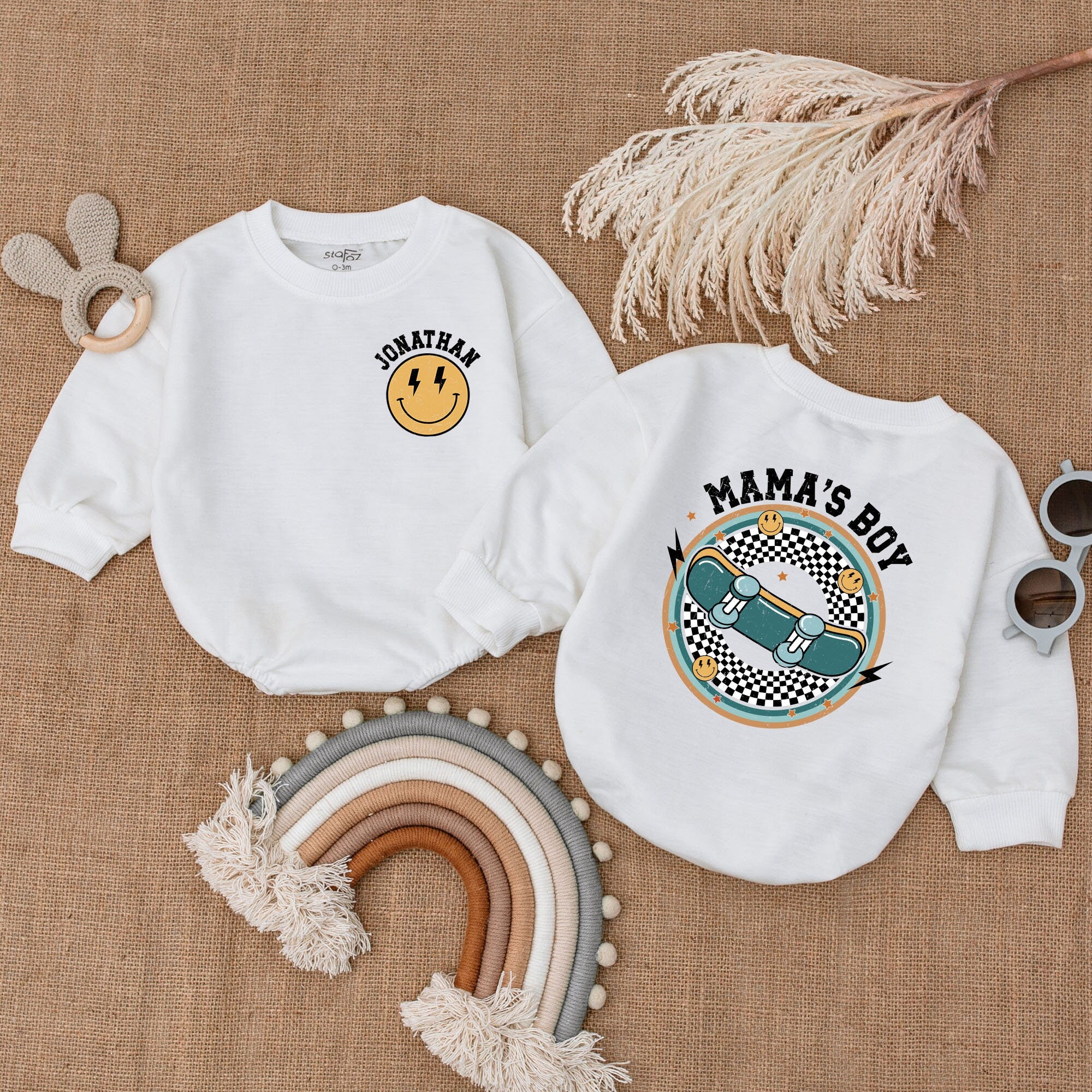 Mama's Boy Retro Baby Romper with Smiley Face Design