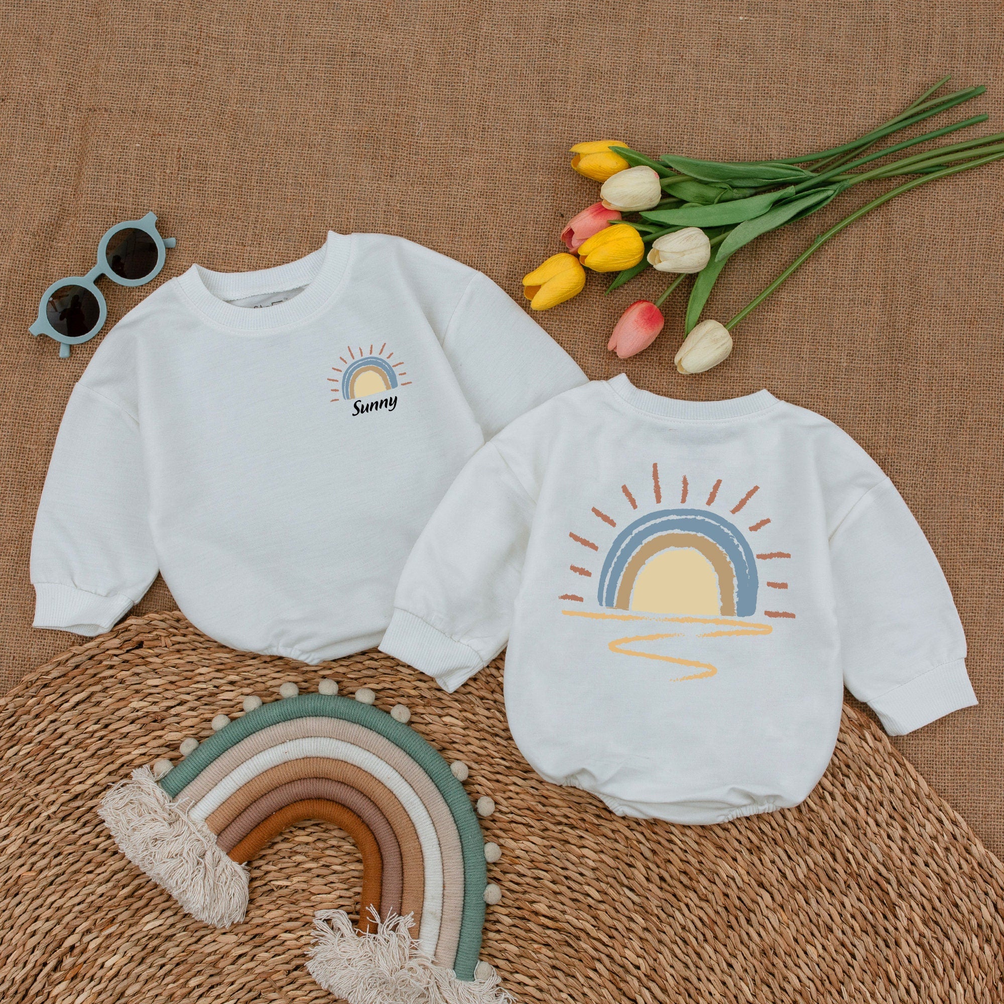 Custom Name Retro Sunshine Baby Romper with Vintage Rainbow Design Soft Cotton Infant Bodysuit Perfect for Baby Shower or Birthday Gift