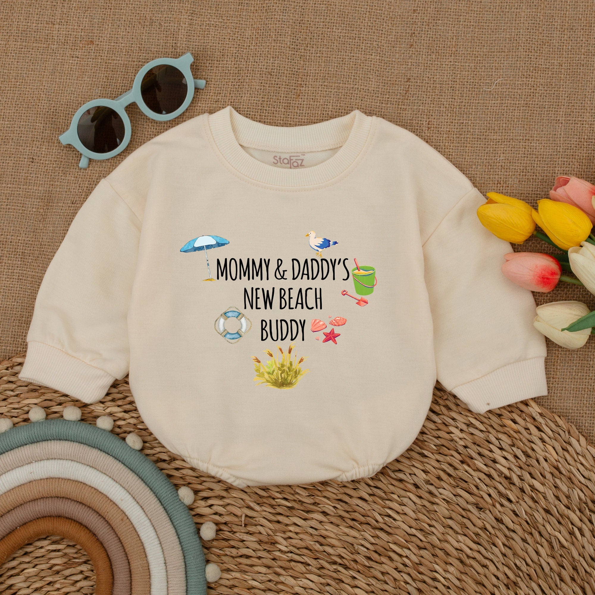 Mommy & Daddy's New Beach Buddy Baby Romper with Playful Graphics Long Sleeve Bubble Suit Infant Gift Beach-Themed Outfit Cotton