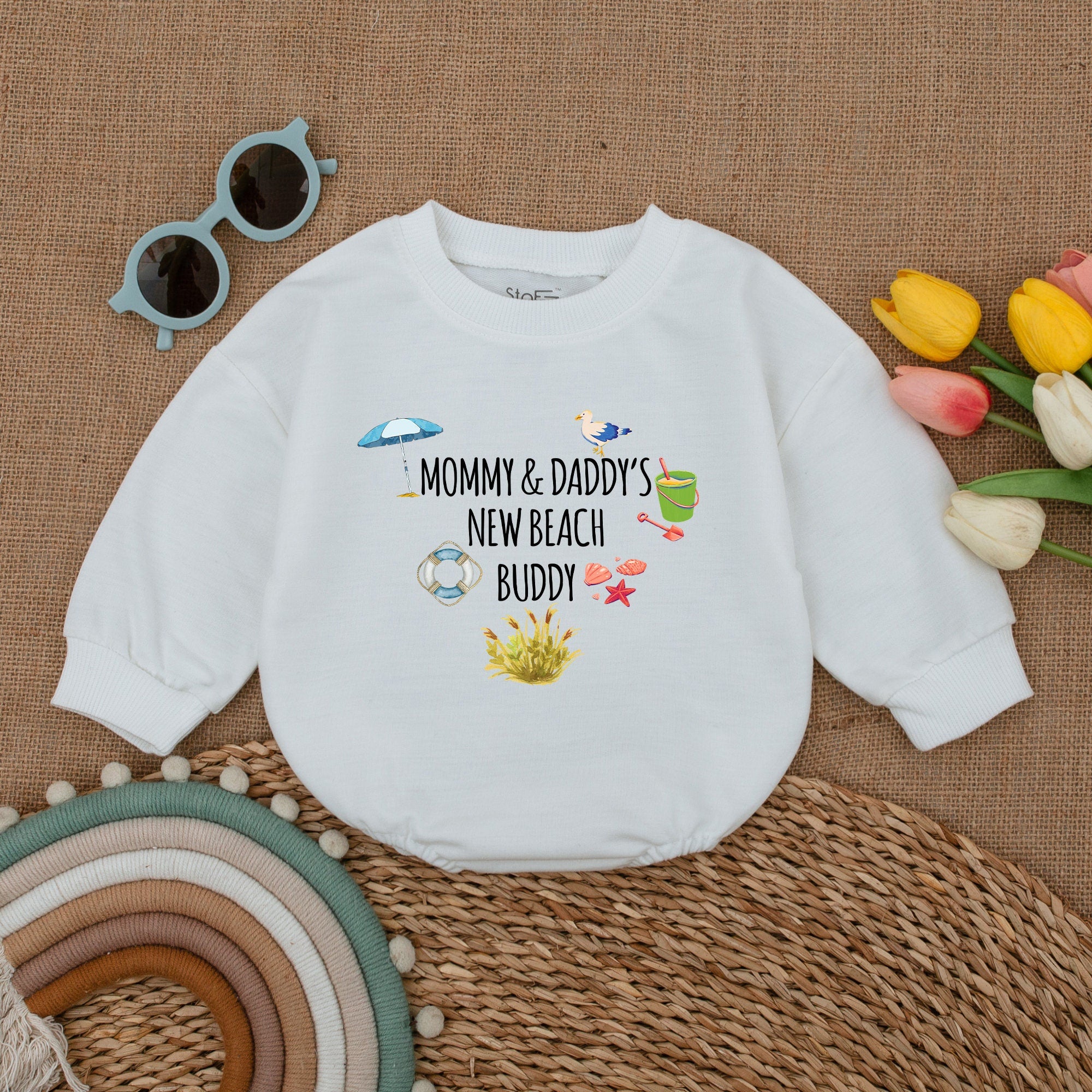 Mommy & Daddy's New Beach Buddy Baby Romper with Playful Graphics Long Sleeve Bubble Suit Infant Gift Beach-Themed Outfit Cotton