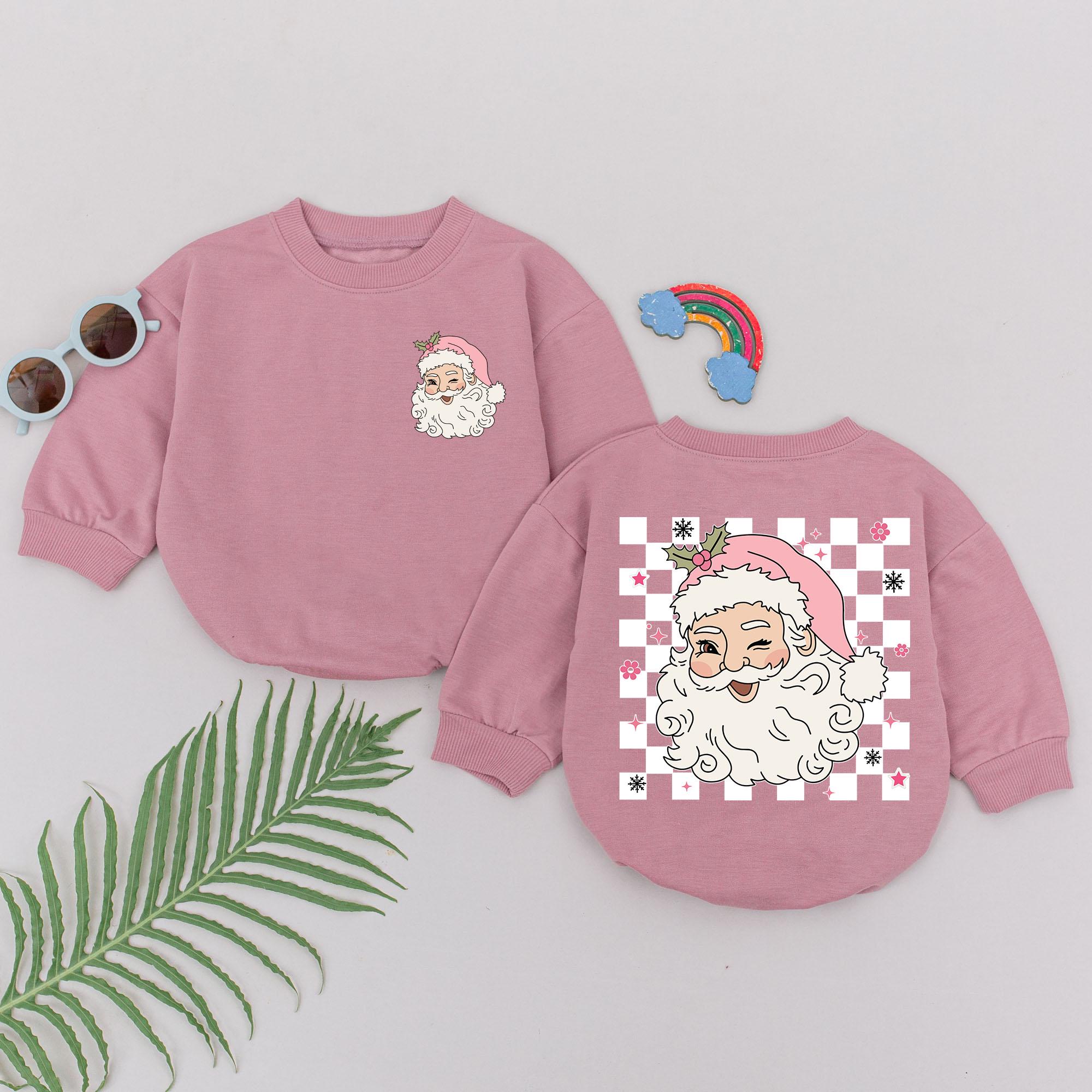 Retro Pink Santa Baby Romper Soft Vintage Xmas Outfit Girls First Christmas Holiday Gift Newborn Clothes Checkered Festive Design