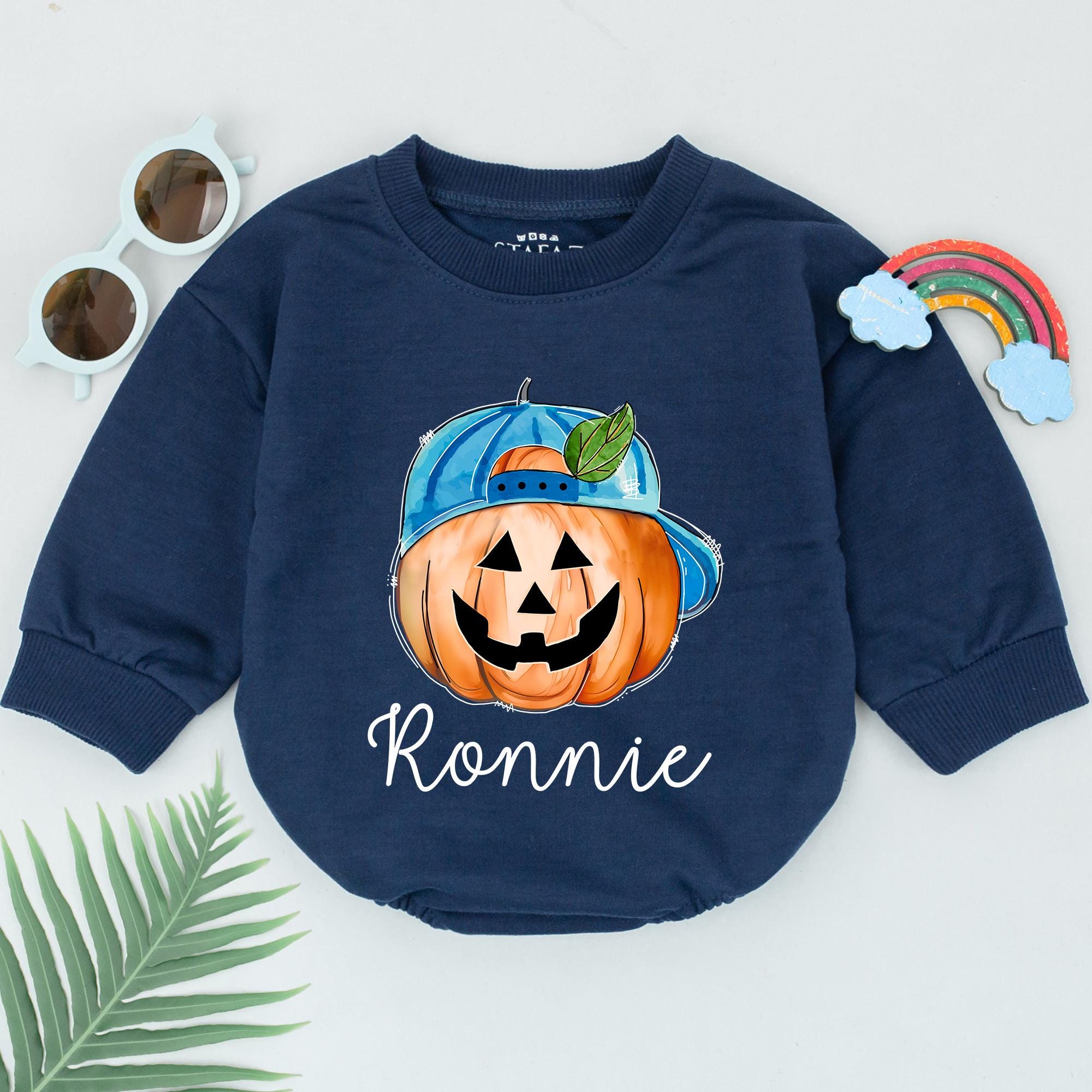 Personalized Pumpkin Face Baby Boy Romper Custom Halloween Outfit Blue Hat Design Infant First Holiday Gift Spooky Season Baby Shower Present
