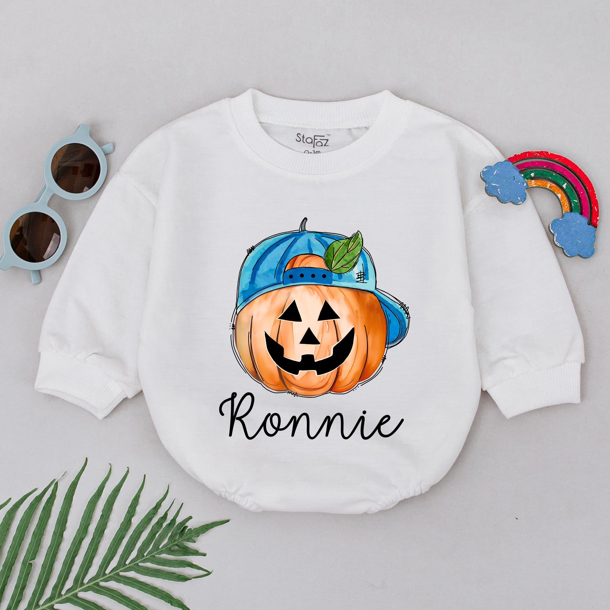 Personalized Pumpkin Face Baby Boy Romper Custom Halloween Outfit Blue Hat Design Infant First Holiday Gift Spooky Season Baby Shower Present