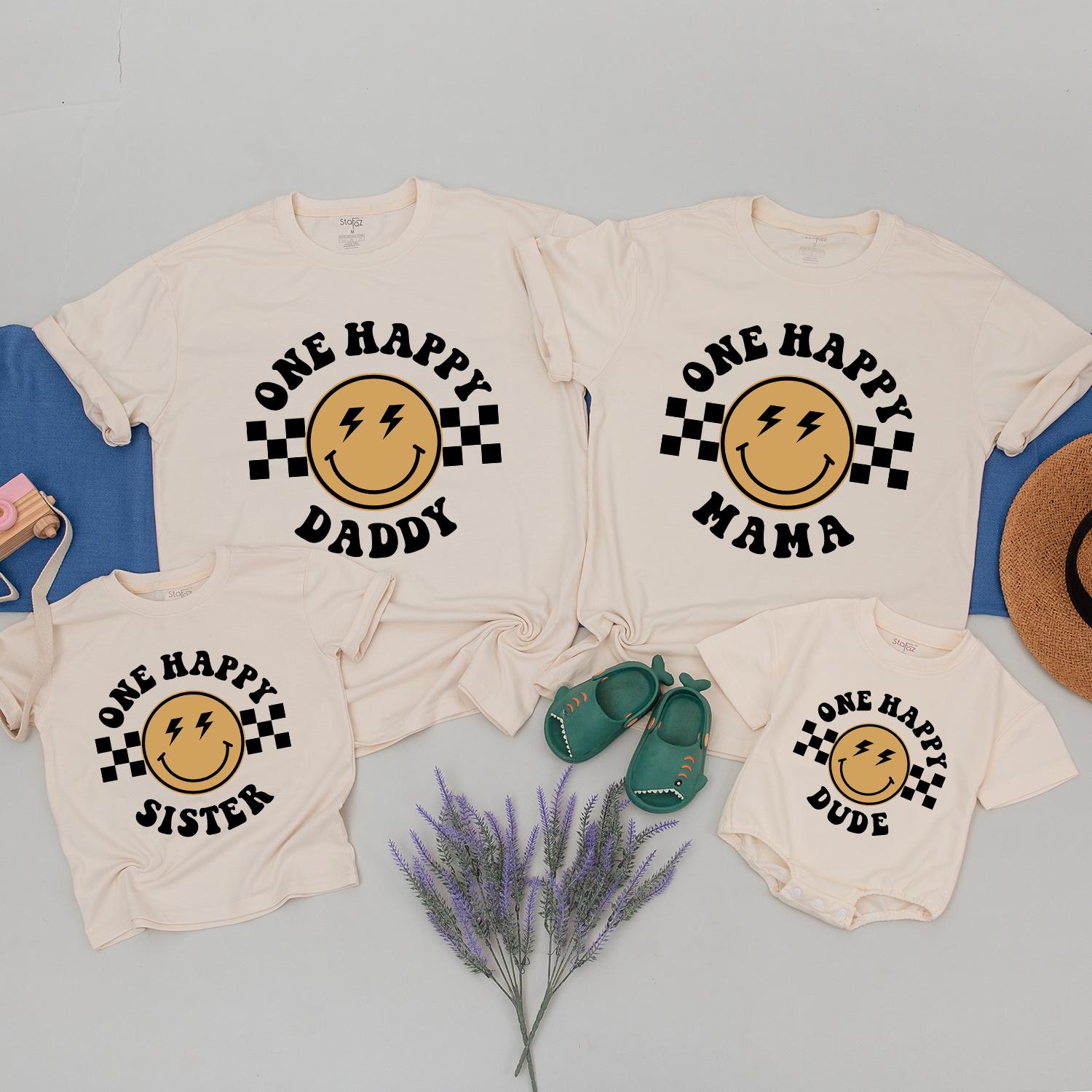 One Happy Dude Matching Family Birthday Shirt with Smiley Face Black Lightning Eyes Checkered Pattern Soft Cotton Fun Personalized Outfit
