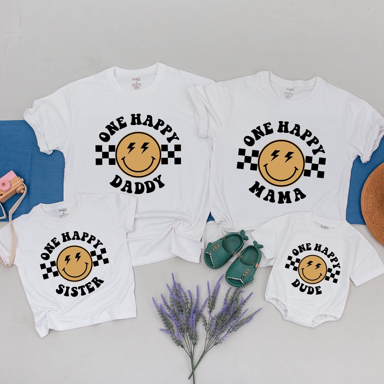 One Happy Dude Matching Family Birthday Shirt with Smiley Face Black Lightning Eyes Checkered Pattern Soft Cotton Fun Personalized Outfit