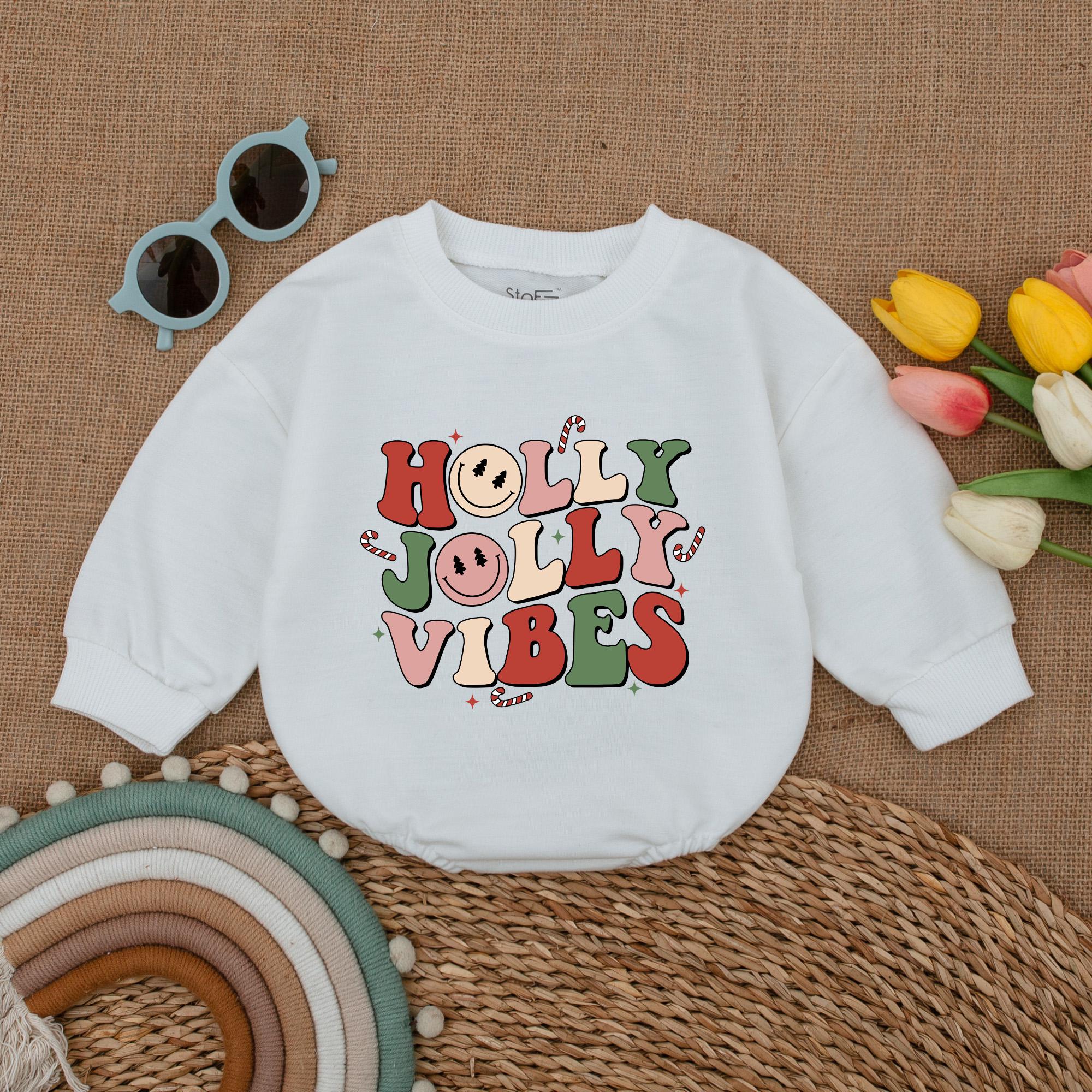 Holly Jolly Vibes Baby Romper Retro Christmas Bodysuit with Candy Cane Pattern Festive Infant Outfit Soft Cotton First Holiday Gift