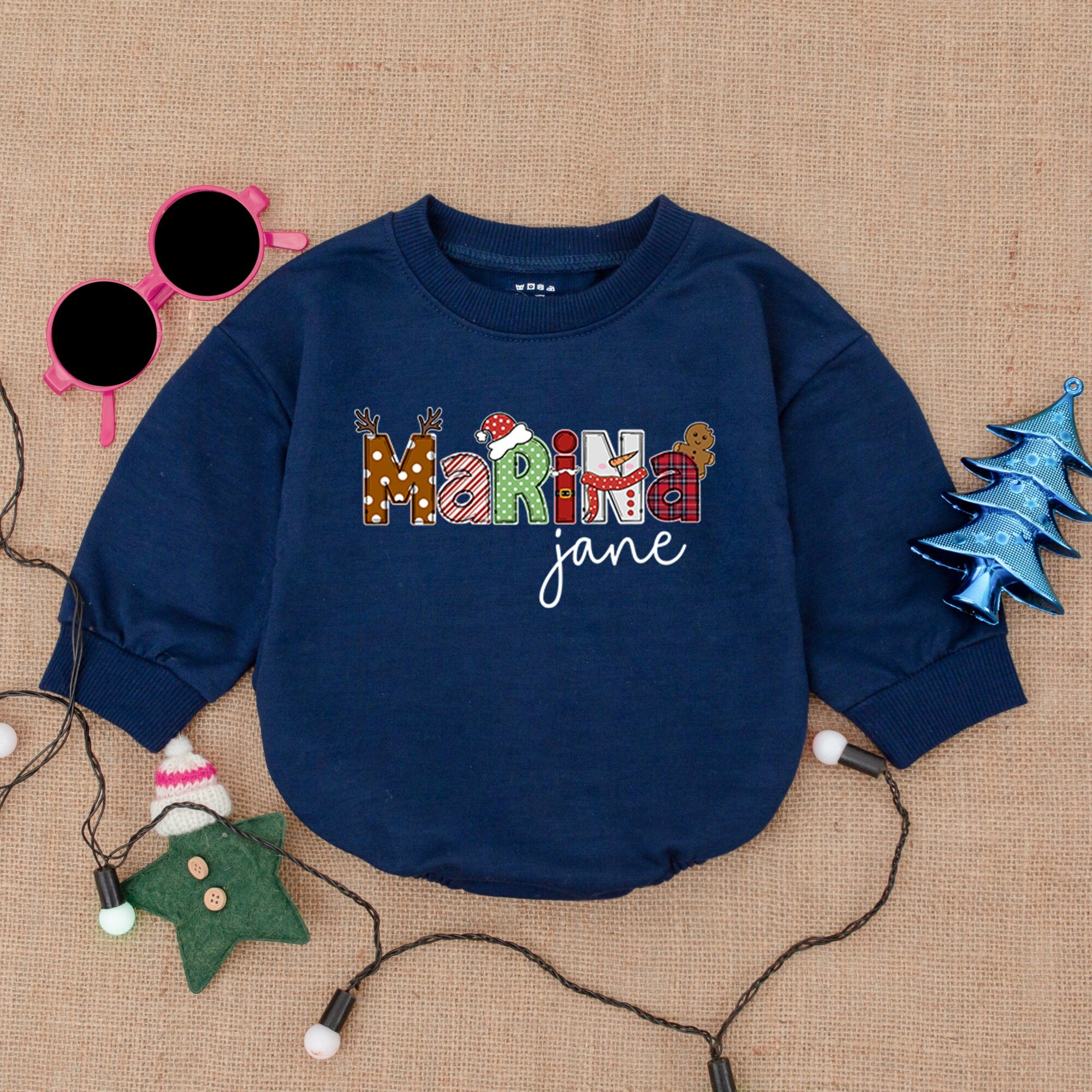 Custom Name Christmas Bodysuit Festive Marina Design Baby Holiday Outfit Soft Cotton Romper Personalized Baby Shower Gift 140 Characters