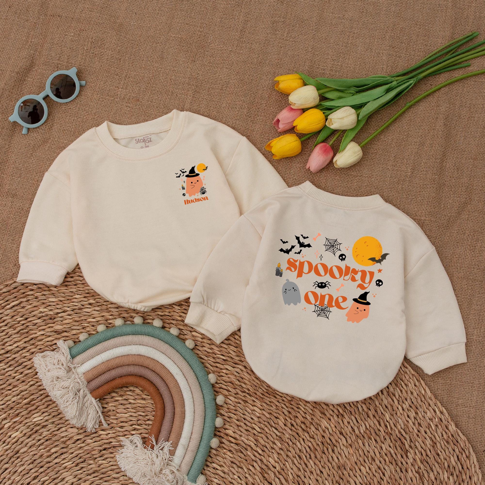 Custom Spooky One Halloween Baby Romper with Ghost Pumpkin Bats Birthday Outfit Soft Cotton Fall Baby Shower Gift Boy Girl
