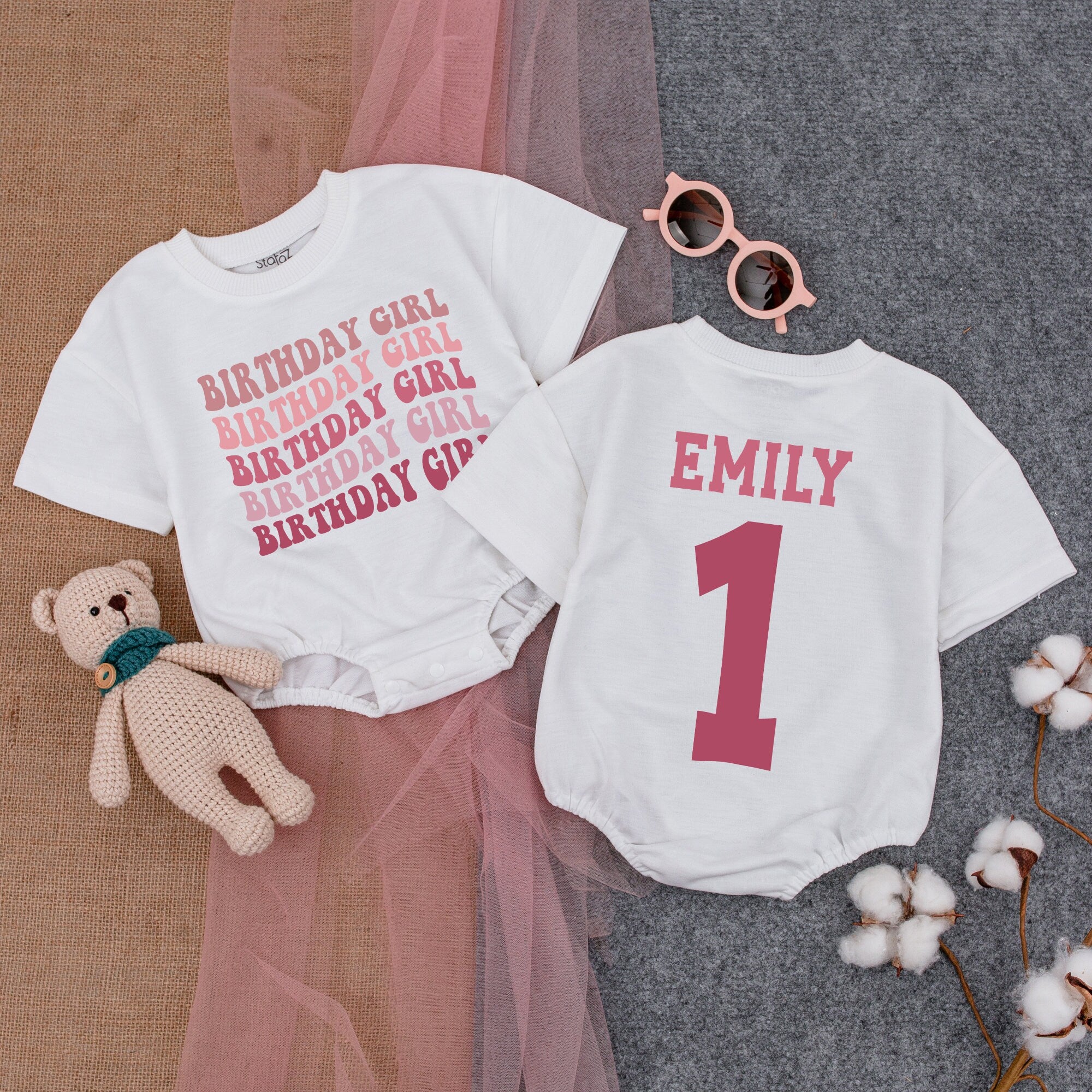 Custom Pink Birthday Girl Romper with Name, First Birthday Outfit