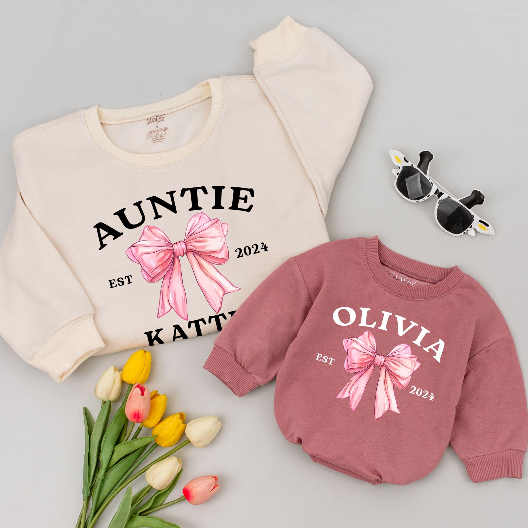 Custom Auntie Sweatshirt with Pink Bow Graphic Personalized Gift for Baby Shower Promoted to Aunt Pregnancy Reveal