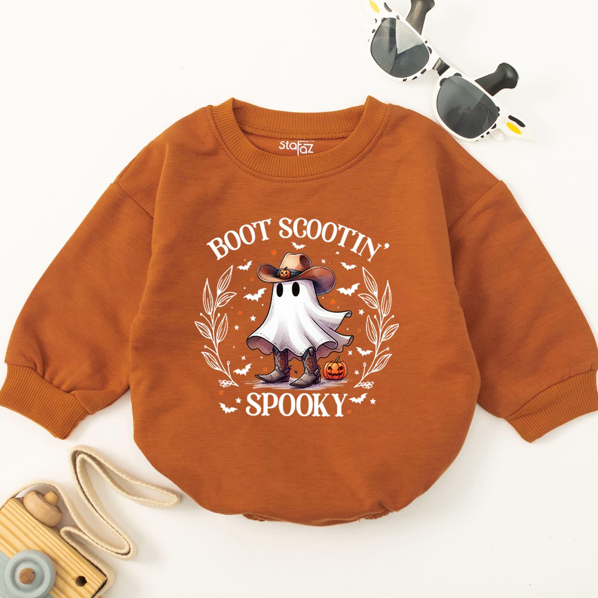 Boot Scootin Spooky Western Baby Romper with Cowboy Ghost Halloween Outfit for Newborns Soft Cotton Fall Holiday Bodysuit