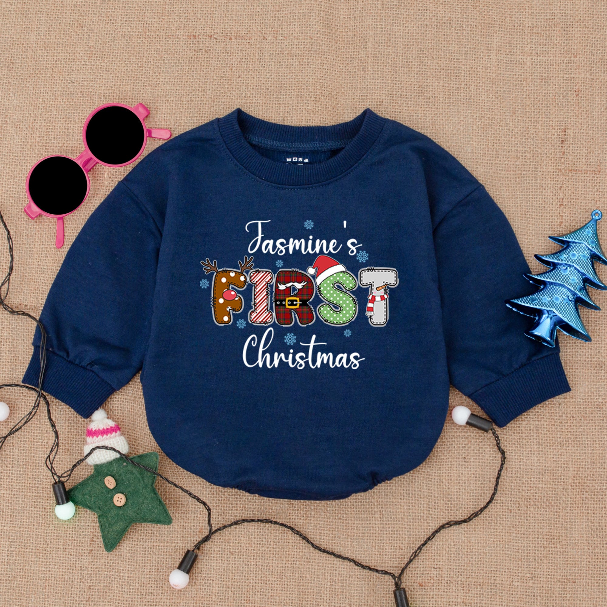 Custom Baby's First Christmas Romper Jasmine's Name Festive Holiday Outfit Soft Cotton Infant Girl or Boy Personalized Gift