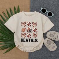 Custom Baby Romper Football Theme with Soft Pink Bows for Birthday Game Day Outfit Comfortable Cotton Newborn Toddler Clothes Personalized Beatrix
