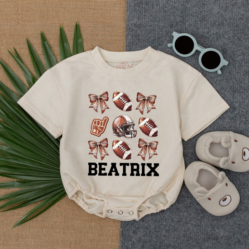 Custom Baby Romper Football Theme with Soft Pink Bows for Birthday Game Day Outfit Comfortable Cotton Newborn Toddler Clothes Personalized Beatrix