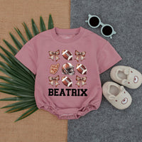 Custom Baby Romper Football Theme with Soft Pink Bows for Birthday Game Day Outfit Comfortable Cotton Newborn Toddler Clothes Personalized Beatrix