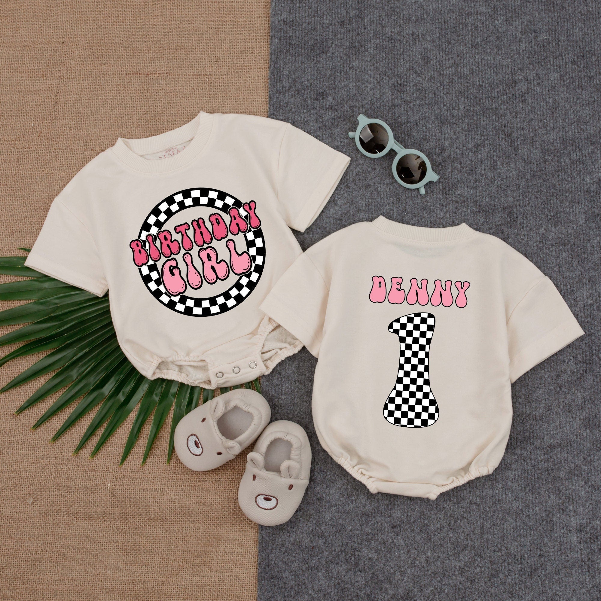 Personalized Birthday Girl Romper with Pink Black Checkered Design First Birthday Outfit for Baby Toddler Soft Cotton Celebration Wear