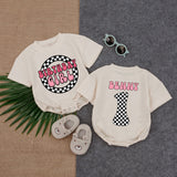 Personalized Birthday Girl Romper with Pink Black Checkered Design First Birthday Outfit for Baby Toddler Soft Cotton Celebration Wear