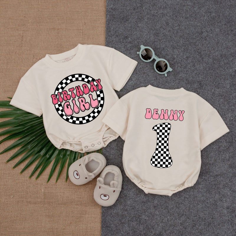 Personalized Birthday Girl Romper with Pink Black Checkered Design First Birthday Outfit for Baby Toddler Soft Cotton Celebration Wear