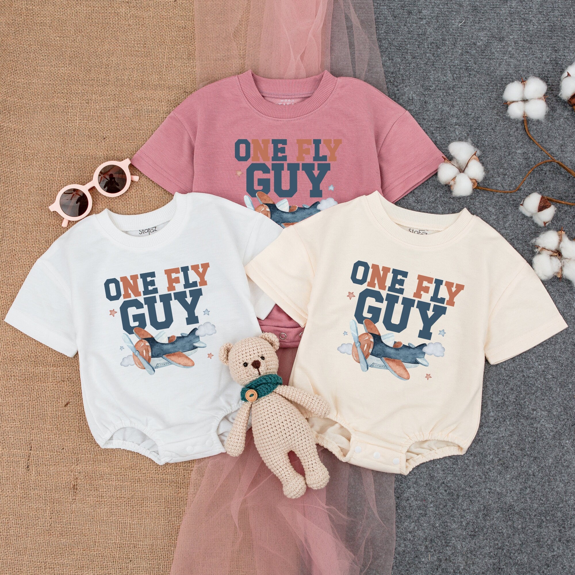 One Fly Guy First Birthday Romper with Airplane Design for Baby Boy Celebration Personalized Name Soft Cotton Party Outfit