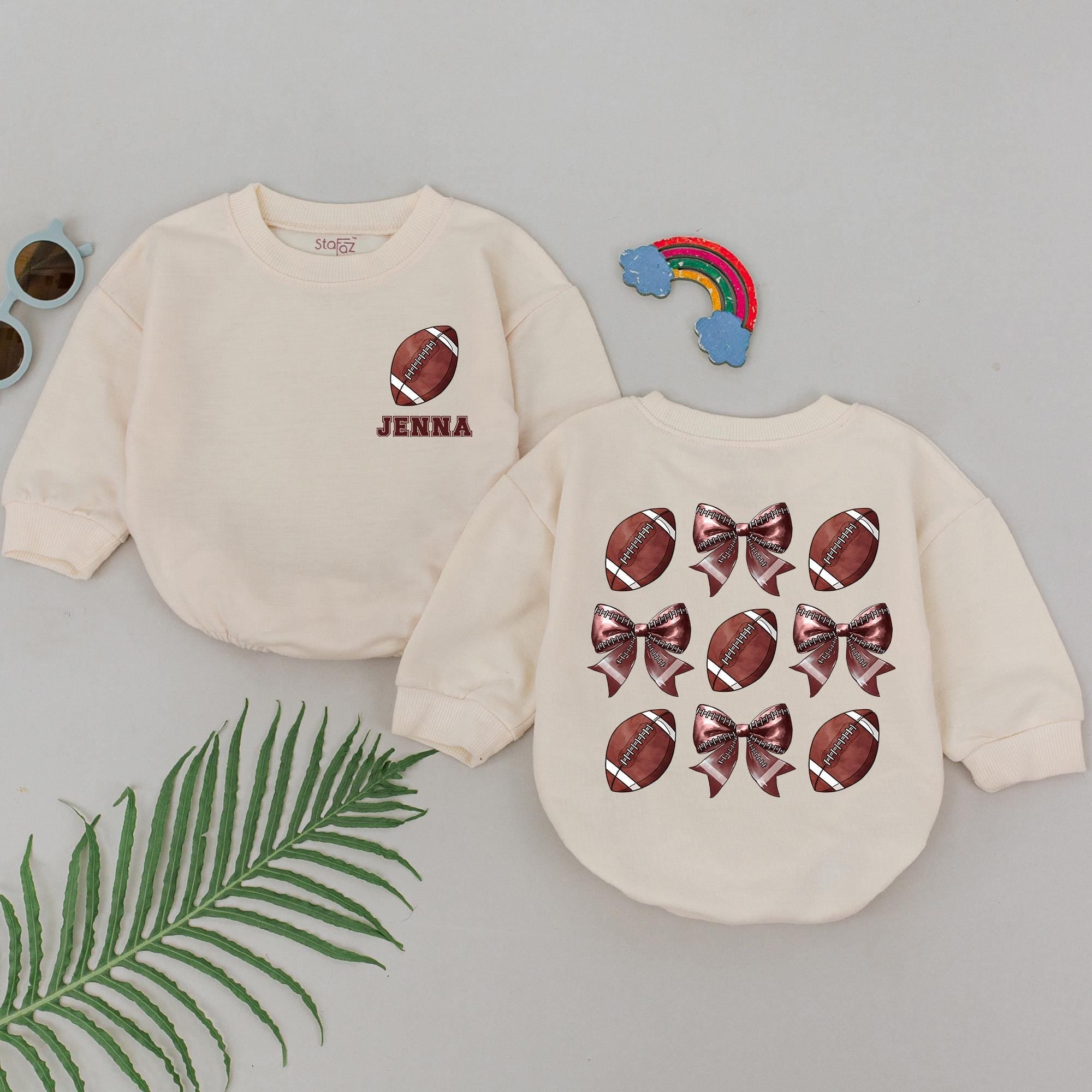 Personalized Baby Girl Football Romper Retro Bow Design Game Day Outfit Custom Name Cotton Comfortable Infant Clothes