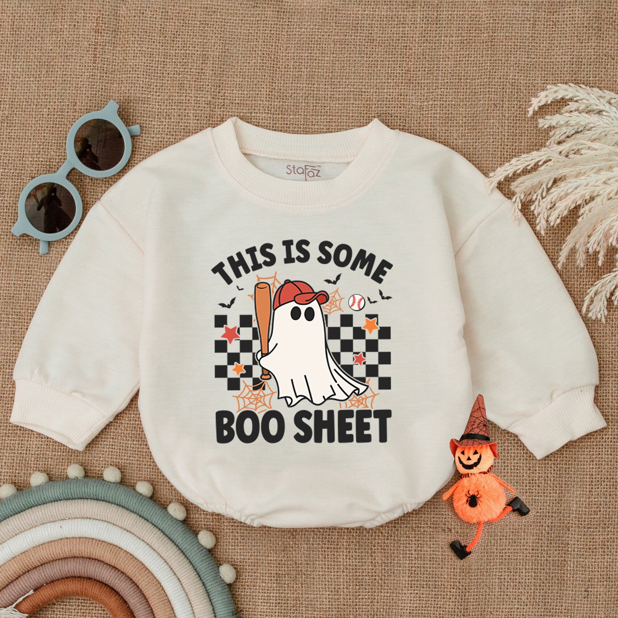 Baby Halloween Romper with Playful Ghost Bowtie Baseball Bat Design Soft Cotton First Holiday Outfit Infant Boy Shower Gift