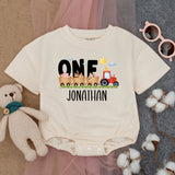 Personalized First Birthday Farm Romper with Colorful Tractor Baby Boy Outfit Custom Name for Party Celebration Comfortable Cotton