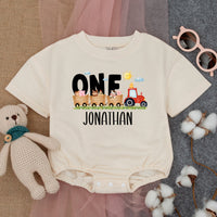 Personalized First Birthday Farm Romper with Colorful Tractor Baby Boy Outfit Custom Name for Party Celebration Comfortable Cotton