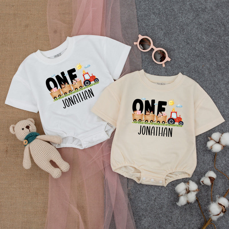 Personalized First Birthday Farm Romper with Colorful Tractor Baby Boy Outfit Custom Name for Party Celebration Comfortable Cotton