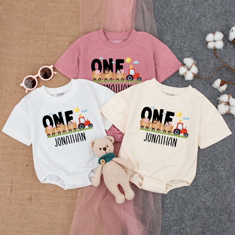 Personalized First Birthday Farm Romper with Colorful Tractor Baby Boy Outfit Custom Name for Party Celebration Comfortable Cotton