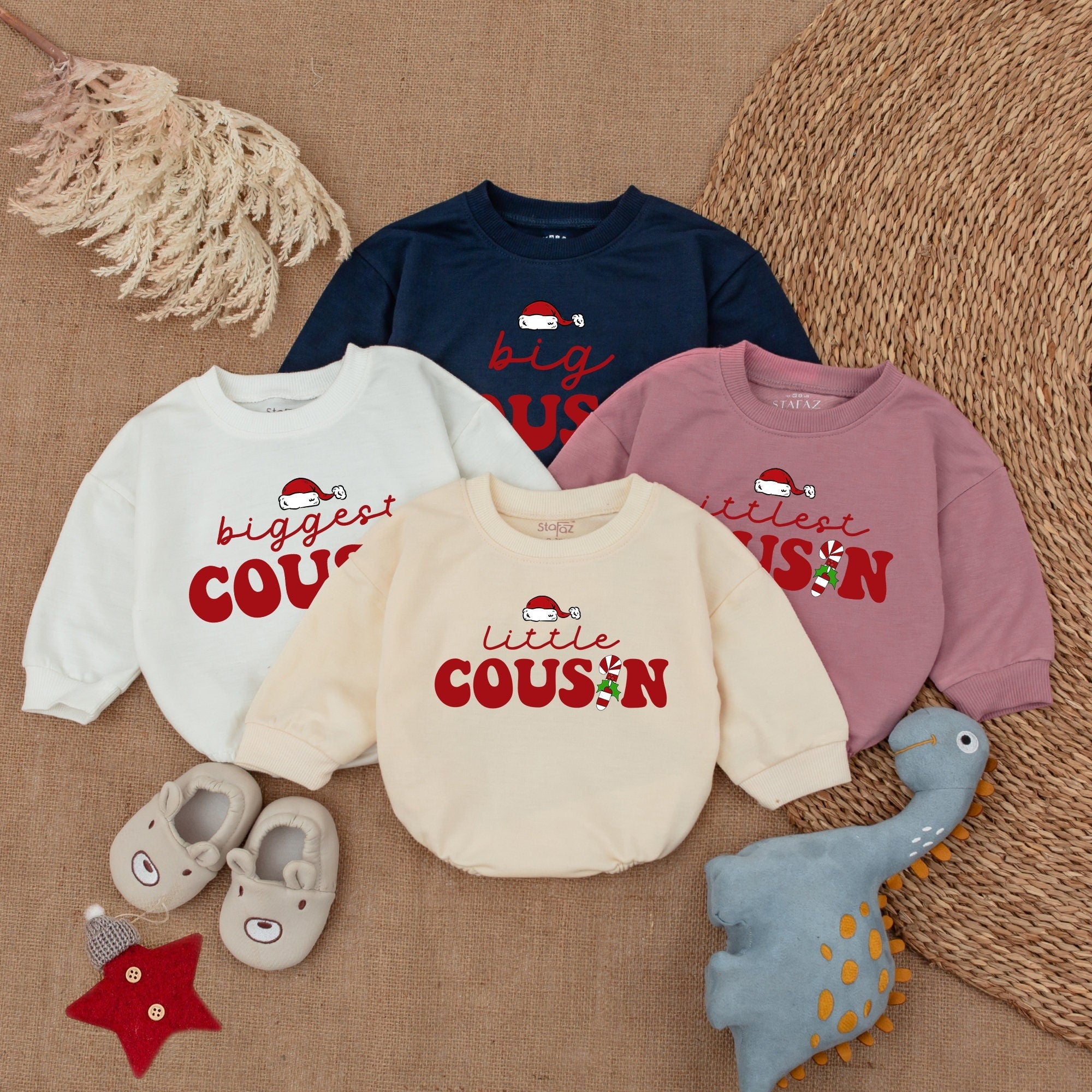 Little Cousin Baby Romper with Santa Hat Festive Holiday Outfit Infant Gift Soft Cotton Newborn Clothes Cheerful Matching Cousins