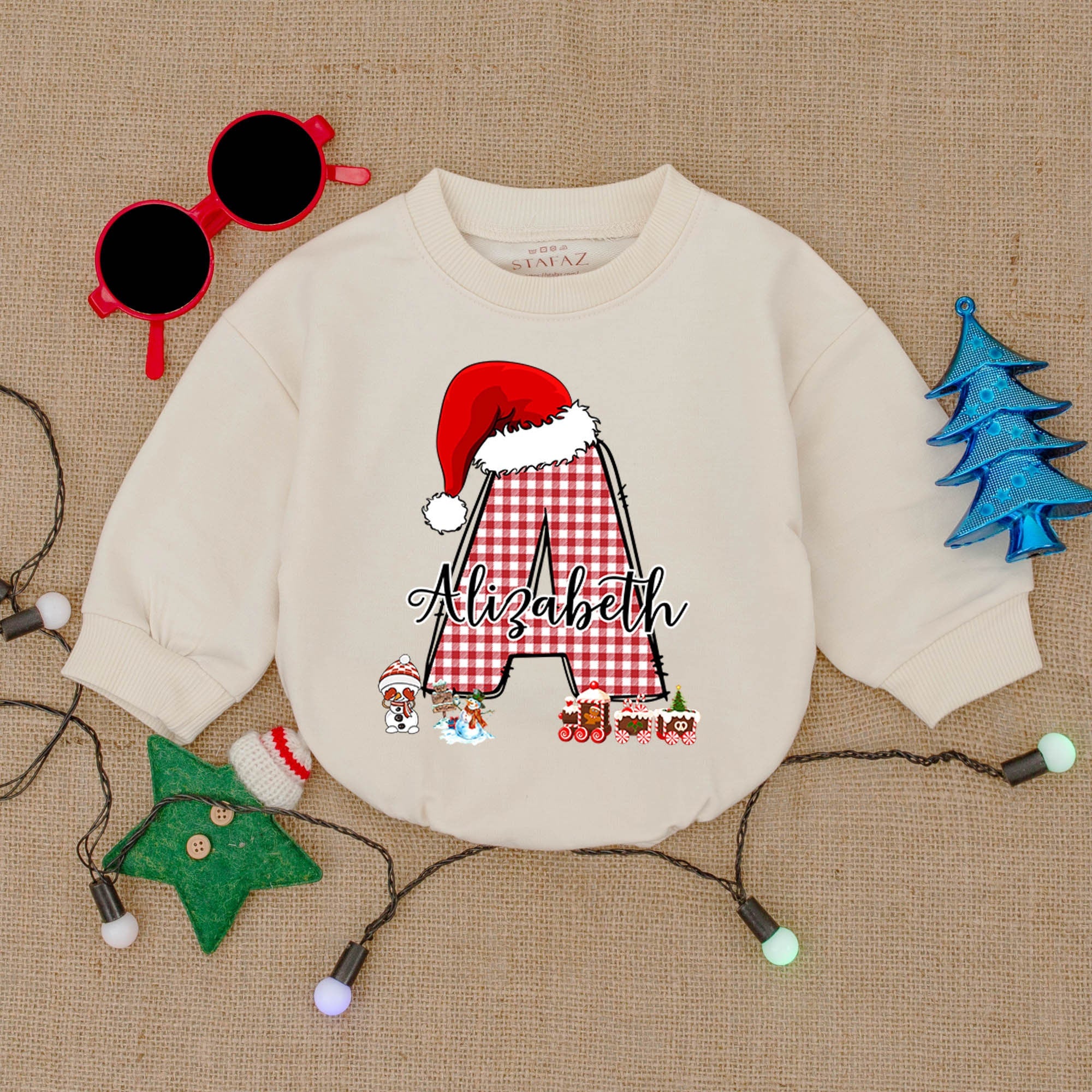Custom Name My First Christmas Baby Bodysuit with Festive Letter A Plaid Pattern Santa Hat and Holly Perfect Holiday Baby Shower Gift
