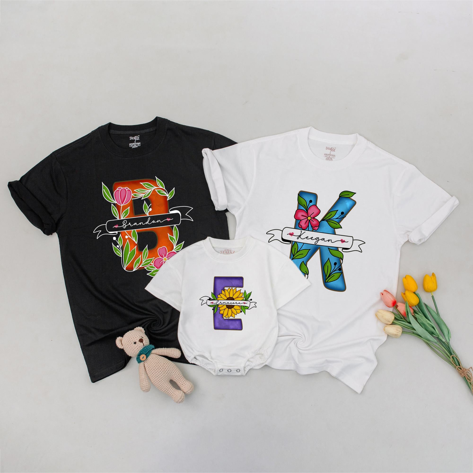 Custom Floral Letter Name T-Shirts for Family Vibrant Personalized Design Comfortable Cotton Matching Outfits Kids Adults Gift