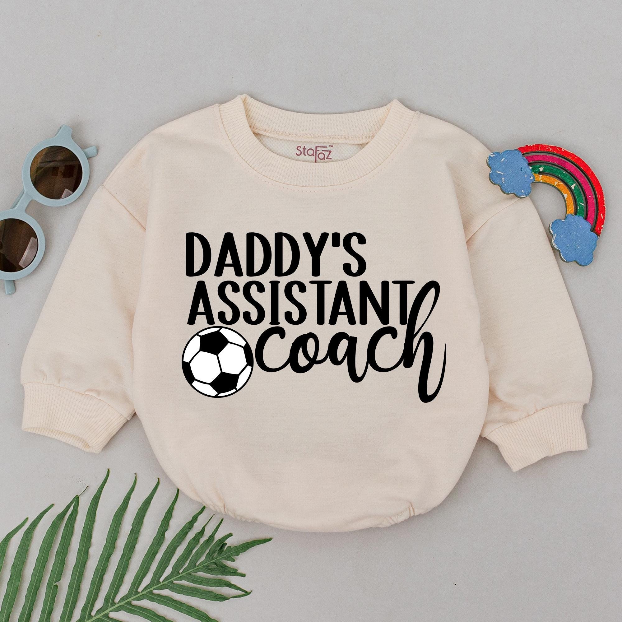 Daddy's Assistant Coach Baby Romper with Soccer Ball Graphic Playful Fall Outfit for Boys Retro Football Season Cotton Comfort