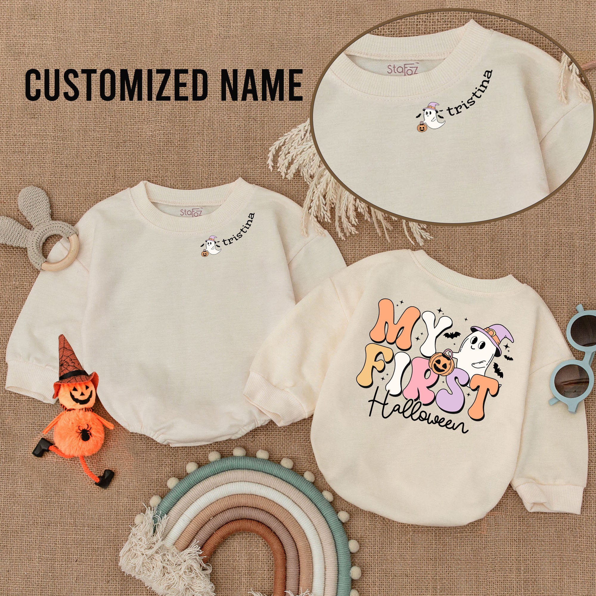 Custom Name My First Halloween Baby Romper Pumpkin Ghost Design Toddler Infant Costume Soft Cotton Outfit for Holiday Party Gift