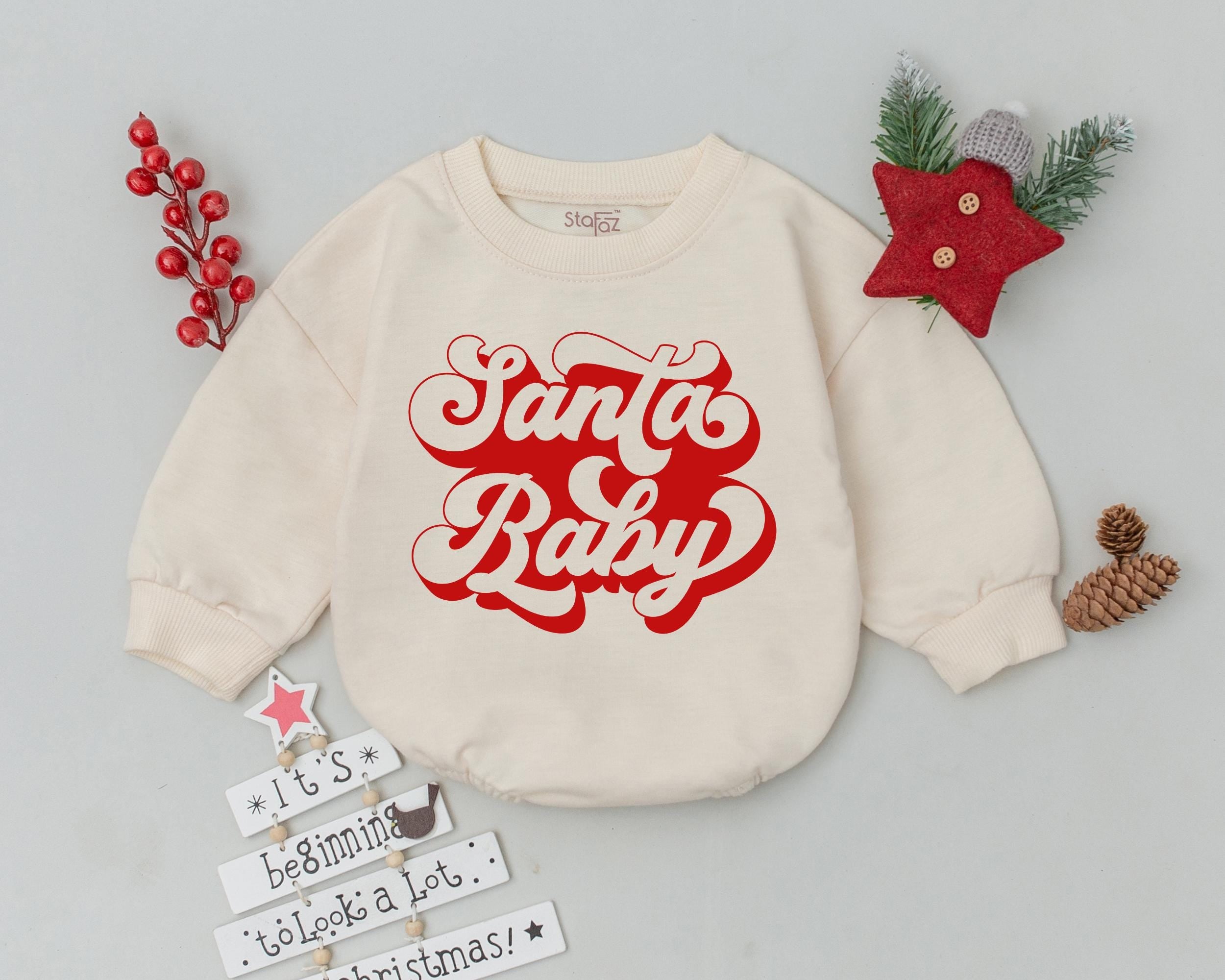 Santa Baby Retro Romper Perfect First Christmas Outfit Soft Cotton Bodysuit Groovy Holiday Toddler Gift Nostalgic Vintage Style
