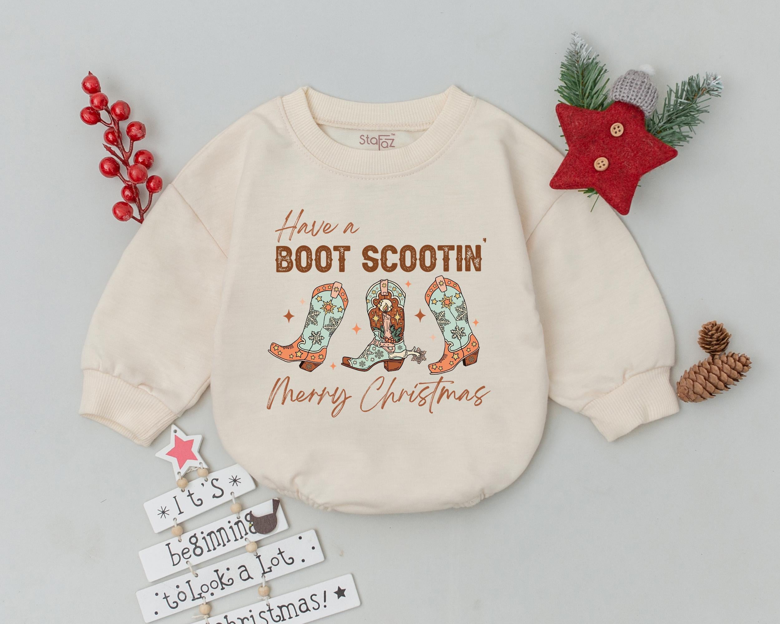 Baby's First Christmas Romper Boot Scootin' Holiday Outfit Western Cowgirl Style Newborn Gift Soft Cotton Teal Red Brown Boots