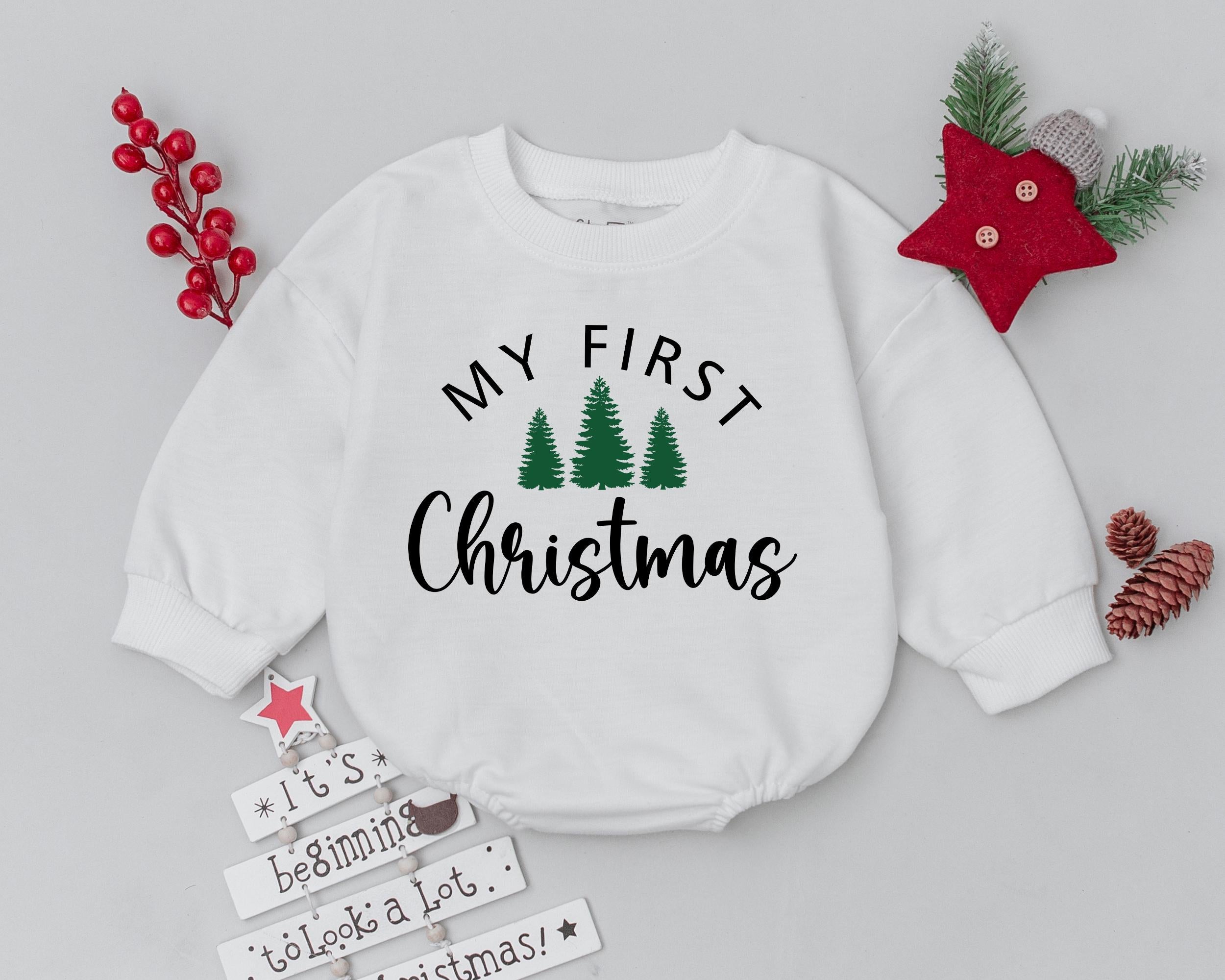 My First Christmas Baby Romper with Cute Trees Holiday Infant Outfit Retro Style Toddler Sweatshirt Perfect Baby Shower Gift