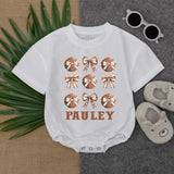 Custom Basketball Bow Bubble Romper for Baby Birthday Game Day Personalized Infant Outfit with Brown Orange Sporty Design