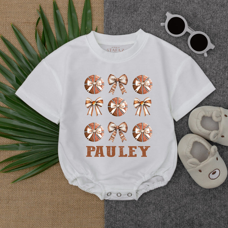 Custom Basketball Bow Bubble Romper for Baby Birthday Game Day Personalized Infant Outfit with Brown Orange Sporty Design