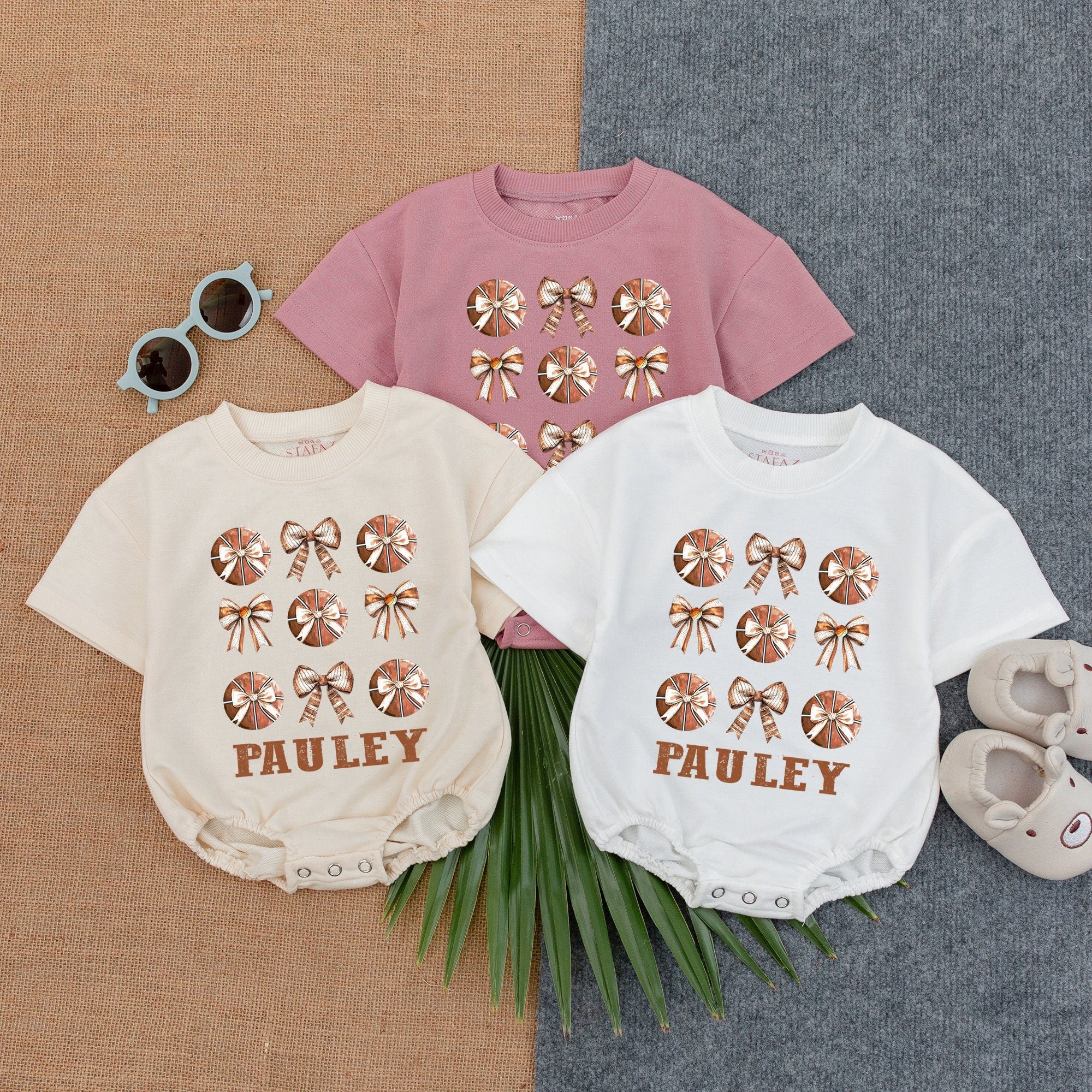 Custom Basketball Bow Bubble Romper for Baby Birthday Game Day Personalized Infant Outfit with Brown Orange Sporty Design