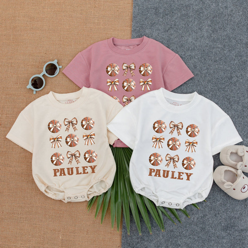 Custom Basketball Bow Bubble Romper for Baby Birthday Game Day Personalized Infant Outfit with Brown Orange Sporty Design