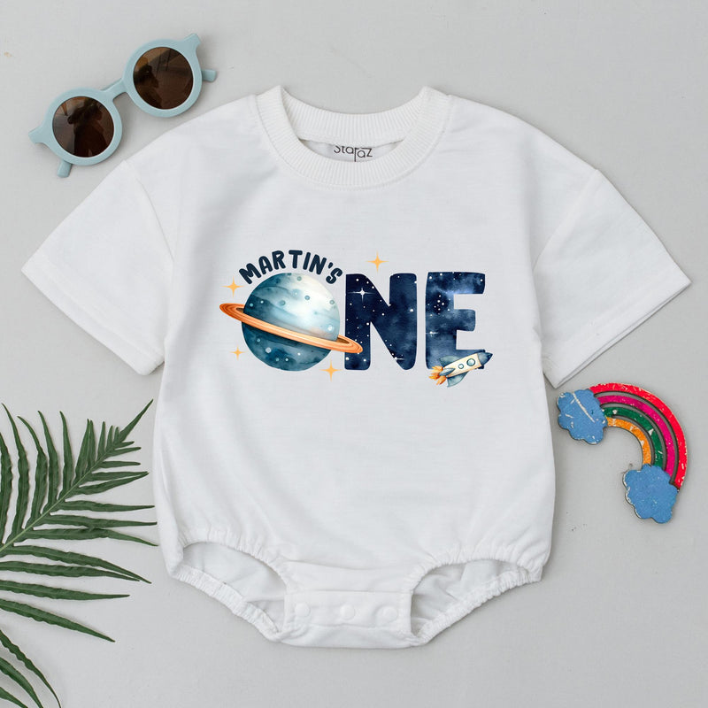 Custom Space-Themed 1st Birthday Romper for Boys, Soft Cotton Short Sleeve Outfit with Planet & Rocket Design, Perfect Milestone Gift