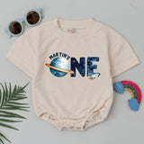 Custom Space-Themed 1st Birthday Romper for Boys, Soft Cotton Short Sleeve Outfit with Planet & Rocket Design, Perfect Milestone Gift