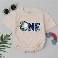 Custom Space-Themed 1st Birthday Romper for Boys, Soft Cotton Short Sleeve Outfit with Planet & Rocket Design, Perfect Milestone Gift