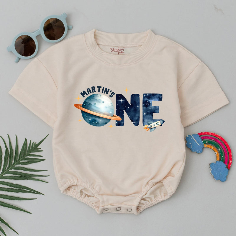 Custom Space-Themed 1st Birthday Romper for Boys, Soft Cotton Short Sleeve Outfit with Planet & Rocket Design, Perfect Milestone Gift