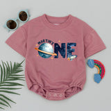 Custom Space-Themed 1st Birthday Romper for Boys, Soft Cotton Short Sleeve Outfit with Planet & Rocket Design, Perfect Milestone Gift